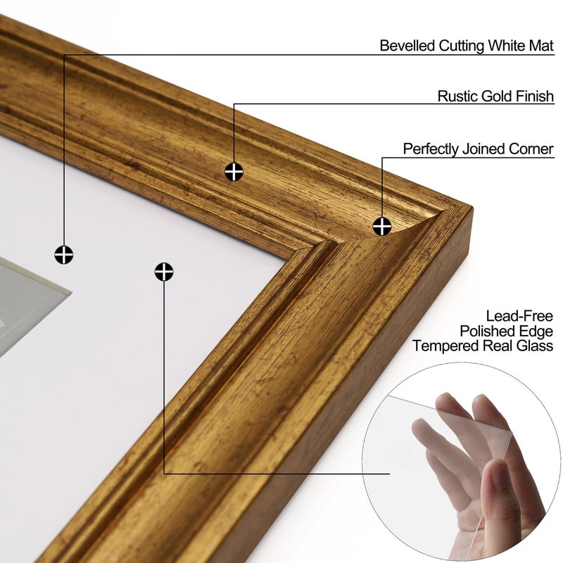 Yaetm 8x10 Picture Frame Matted to 5x7 Set of 4  1.4  Wide Molding & Rustic Gold Photo Frames 8 x 10 with Tempered Glass  Display on Tabletop & Wall Mounting (4 pack  Gold) - Image 5